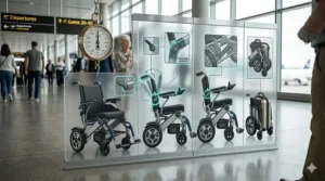 Step-by-step illustration showing how a lightweight electric wheelchair folds into a compact shape.