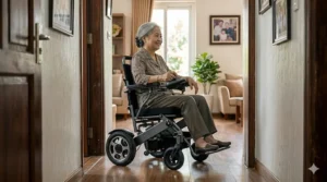An easy folding electric wheelchair navigating a narrow hallway and doorway inside a home.