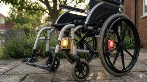 High-visibility LED safety lights clipped onto a folding wheelchair for nighttime use.