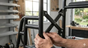 An exploded view of the aircraft-grade aluminum frame used in a lightweight heavy duty wheelchair.