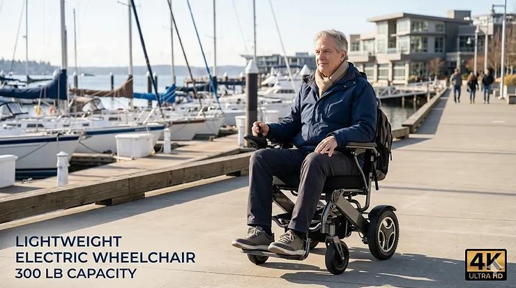 Photorealistic featured image of a man in a modern lightweight electric wheelchair with a 300 lb capacity, driving on a sunny marina boardwalk. lightweight electric wheelchair 300 lb capacity