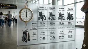 A chart comparing the weight of different folding electric wheelchair brands in pounds.