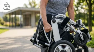 A high-detail photorealistic close-up of a person lifting the folded silver electric wheelchair frame, featuring a subtle "18.5 kg" weight icon to emphasize portability.