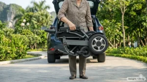 An individual easily lifting a lightweight, easy folding electric wheelchair by the frame.