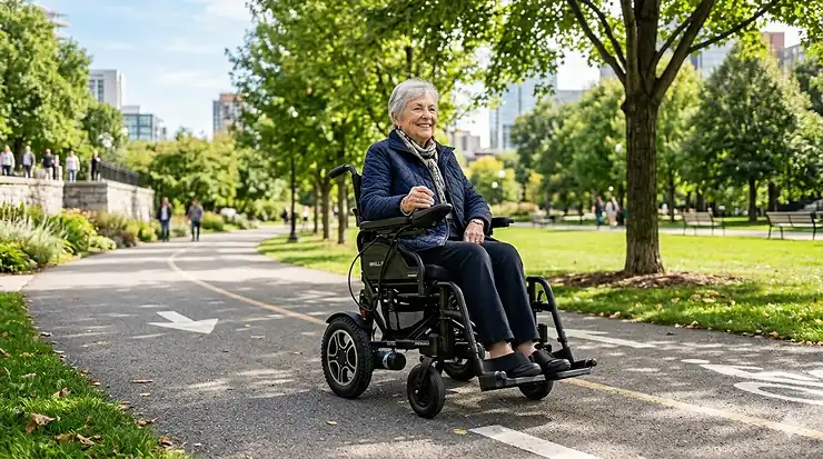 A person sitting comfortably in a lightweight folding power wheelchair on a paved park path.