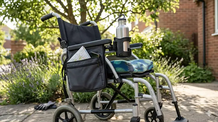 A collection of essential lightweight folding wheelchair accessories including a side pouch, cup holder, and seat cushion.