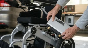 Close-up illustration of a removable lithium-ion battery on a lightweight folding power wheelchair.
