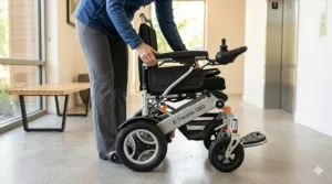 Diagram showing the three-step quick-fold process of a portable electric wheelchair.