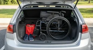 A lightweight folding wheelchair folded compactly and being placed into the trunk of a small sedan.