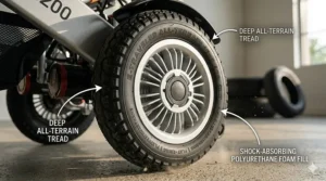 Illustration of flat-free, shock-absorbing tires on a portable electric wheelchair for outdoor terrain.