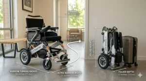 Schematic showing the narrow width and turning radius of a portable electric wheelchair for indoor use.