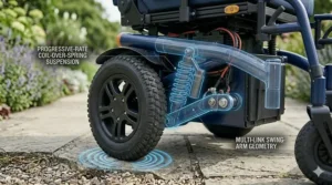 Close-up illustration of the heavy-duty suspension system on a bariatric wheelchair designed for smooth outdoor travel.