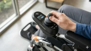 Close-up illustration of 360-degree joystick controls on a portable electric wheelchair armrest.