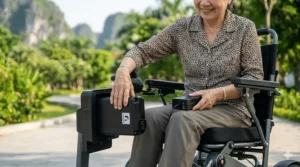 Removing the lithium-ion battery from an easy folding electric wheelchair for off-board charging.