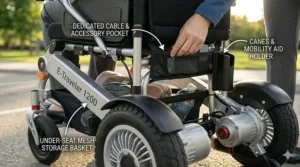 Illustration of an under-seat storage basket and accessory pockets on a portable electric wheelchair.