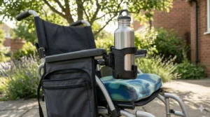 Universal adjustable cup holder attached to a lightweight folding wheelchair frame.