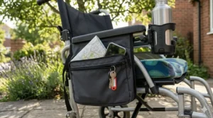Compact armrest organizer pouch for holding phones and keys on a lightweight folding wheelchair.