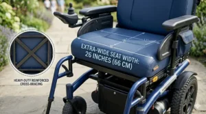 Top-down view illustration of an extra-wide bariatric wheelchair seat measuring dimensions for bariatric user comfort.