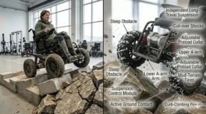 A 4-wheel drive wheelchair easily navigating a steep curb and uneven urban pavement.