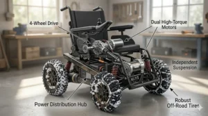Technical illustration showing the dual motor system of a 4-wheel drive power wheelchair.