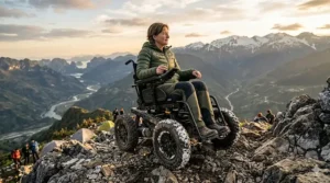 A user in a 4-wheel drive wheelchair enjoying a mountain overlook during a hike.