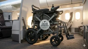 A heavy duty folding electric wheelchair with an airline approved badge, ideal for travel and public transport.