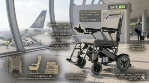 Illustration of a small electric wheelchair near an airport gate with an "airline approved" badge.