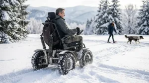 A user comfortably operating an all terrain electric power wheelchair on a snow-covered suburban sidewalk.