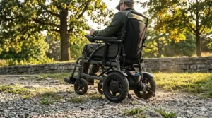 Heavy duty folding electric wheelchair with large rear tires navigating across a gravel surface and grass.