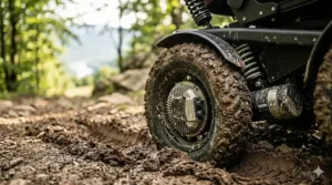 Close-up of deep-tread knobby tires on a power wheelchair all terrain driving through thick mud.