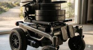 A detailed engineering close-up illustration of the heavy-duty chassis and drivetrain of the bariatric outdoor electric wheelchair, featuring large all-terrain tires and test weights confirming high weight capacity.