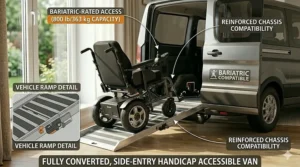 A photorealistic illustration of a bariatric electric wheelchair entering a side-entry accessible van via a high-capacity loading ramp.