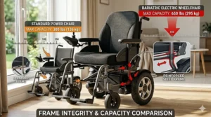 An infographic comparing standard versus bariatric electric wheelchair weight limits and reinforced steel frame construction.