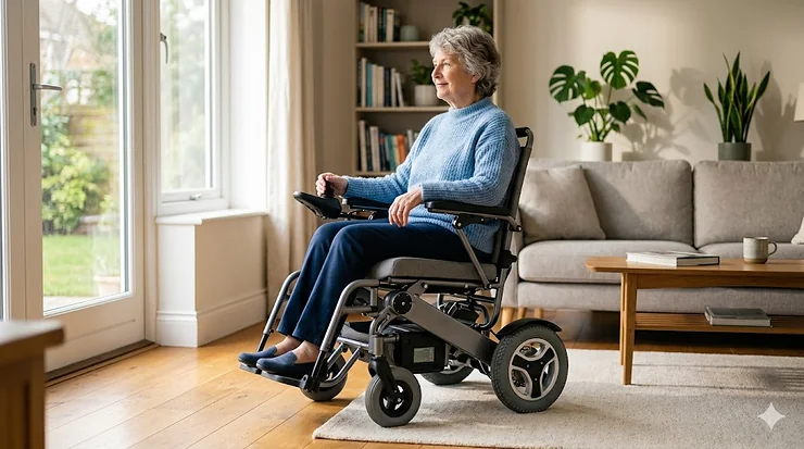 A lightweight and small electric wheelchair used by an adult in a bright living room environment.