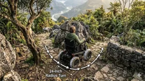 Diagram showing the tight turning radius and maneuverability of a 4-wheel drive wheelchair model.