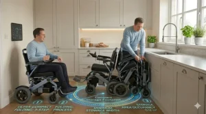 Dimensional drawing highlighting the narrow width of a small electric power wheelchair for doorways.