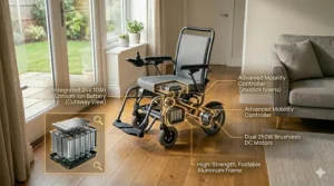 Technical drawing highlighting the compact motor and lithium battery of a small electric power chair.