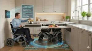 A small electric wheelchair positioned close to a kitchen counter for easy reach and accessibility.