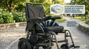 Illustration highlighting the extra-wide seat and ergonomic cushioning on a heavy duty folding power chair.