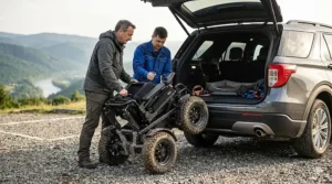 A lightweight, folding power wheelchair all terrain being loaded into the trunk of an SUV.