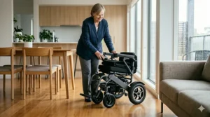 Illustration of a small electric wheelchair for adults folded into a compact size for travel and storage.