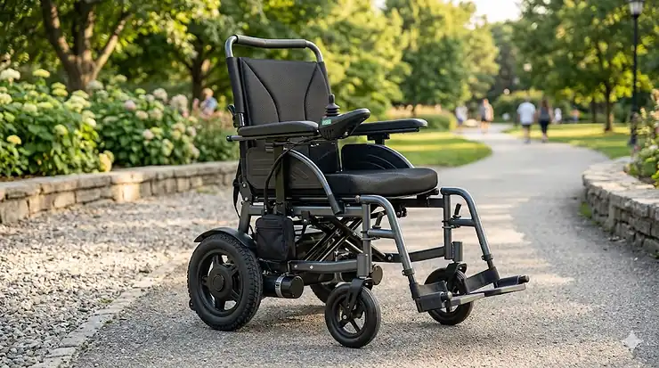 A heavy duty folding electric wheelchair positioned on a paved park path, highlighting its robust frame and sleek design for outdoor mobility.