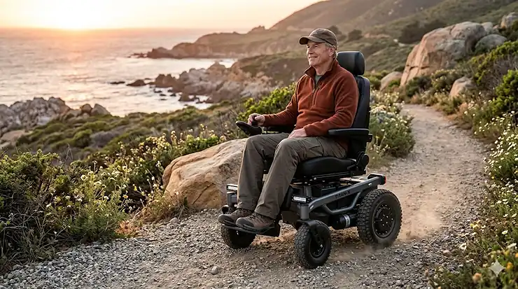 A person smiles while operating a heavy duty outdoor electric wheelchair on a rugged dirt coastal trail at sunset, showcasing its all-terrain capabilities and large knobby tires.