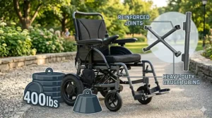 Infographic displaying the reinforced frame of a heavy duty folding electric wheelchair supporting up to 400 lbs.