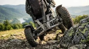 Technical illustration showing the heavy-duty independent suspension system of an all terrain power wheelchair.