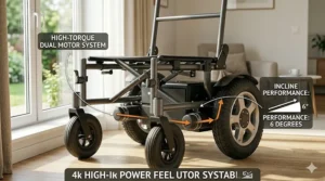 A detailed view of a high-torque dual motor system and reinforced chassis designed for heavy-duty bariatric mobility.