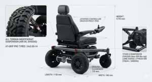 A photorealistic technical drawing illustration with integrated text labels showing the dimensions (740mm width, 1210mm height), components, and 600 lbs capacity of the heavy duty outdoor electric wheelchair.