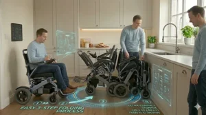 Illustration of a low-profile small electric wheelchair fitting comfortably under a standard dining table.