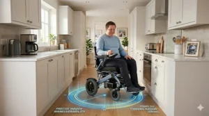 Illustration showing the 360-degree tight turning radius of a small indoor electric wheelchair.