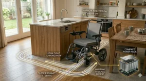 Illustration of a small electric wheelchair navigating easily between a kitchen island and a dining table.